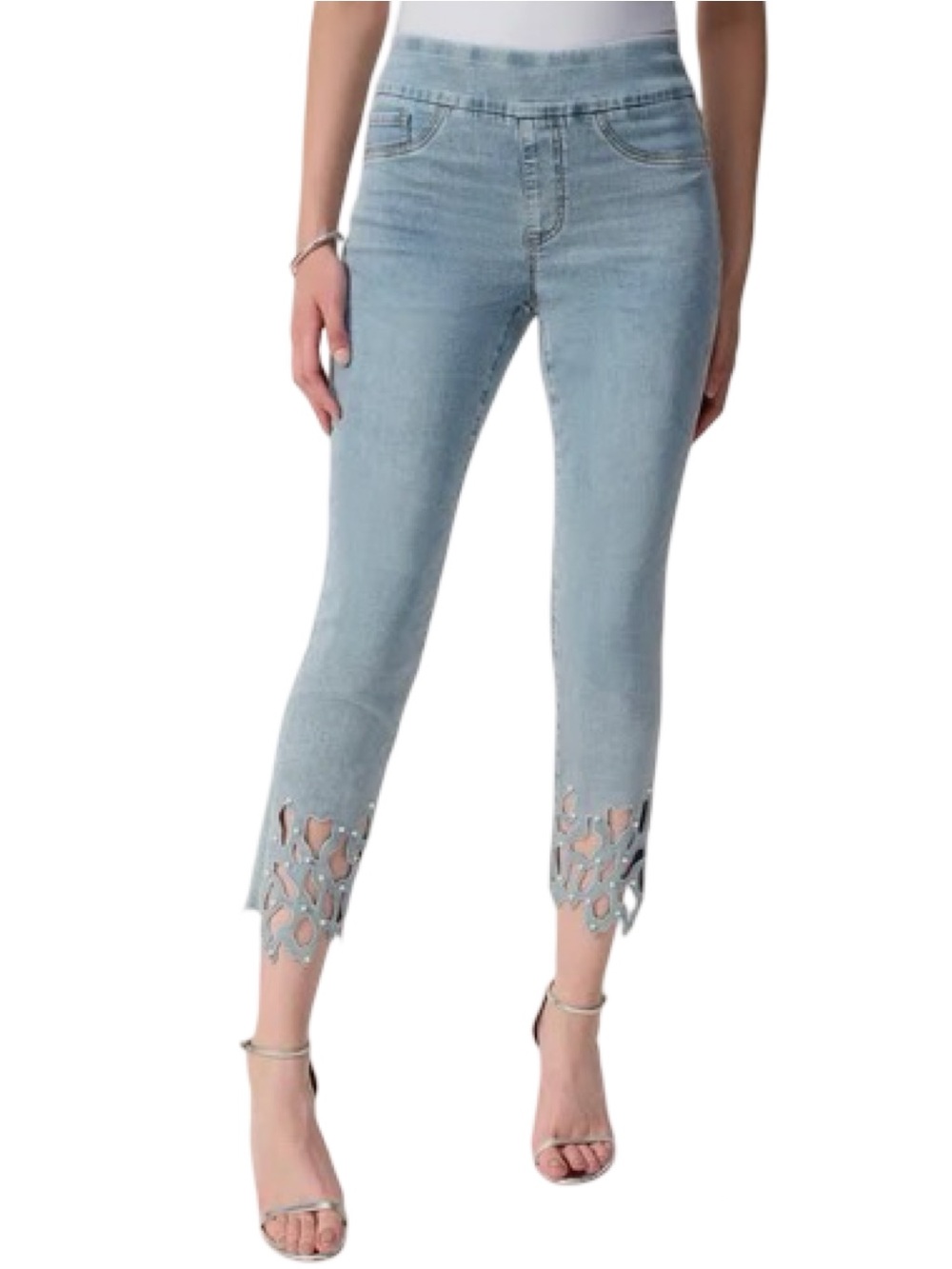 Joseph Ribkoff Sz 12 Light Blue Denim Slim Fit Pull On Laser Cut Pearl Jeans
